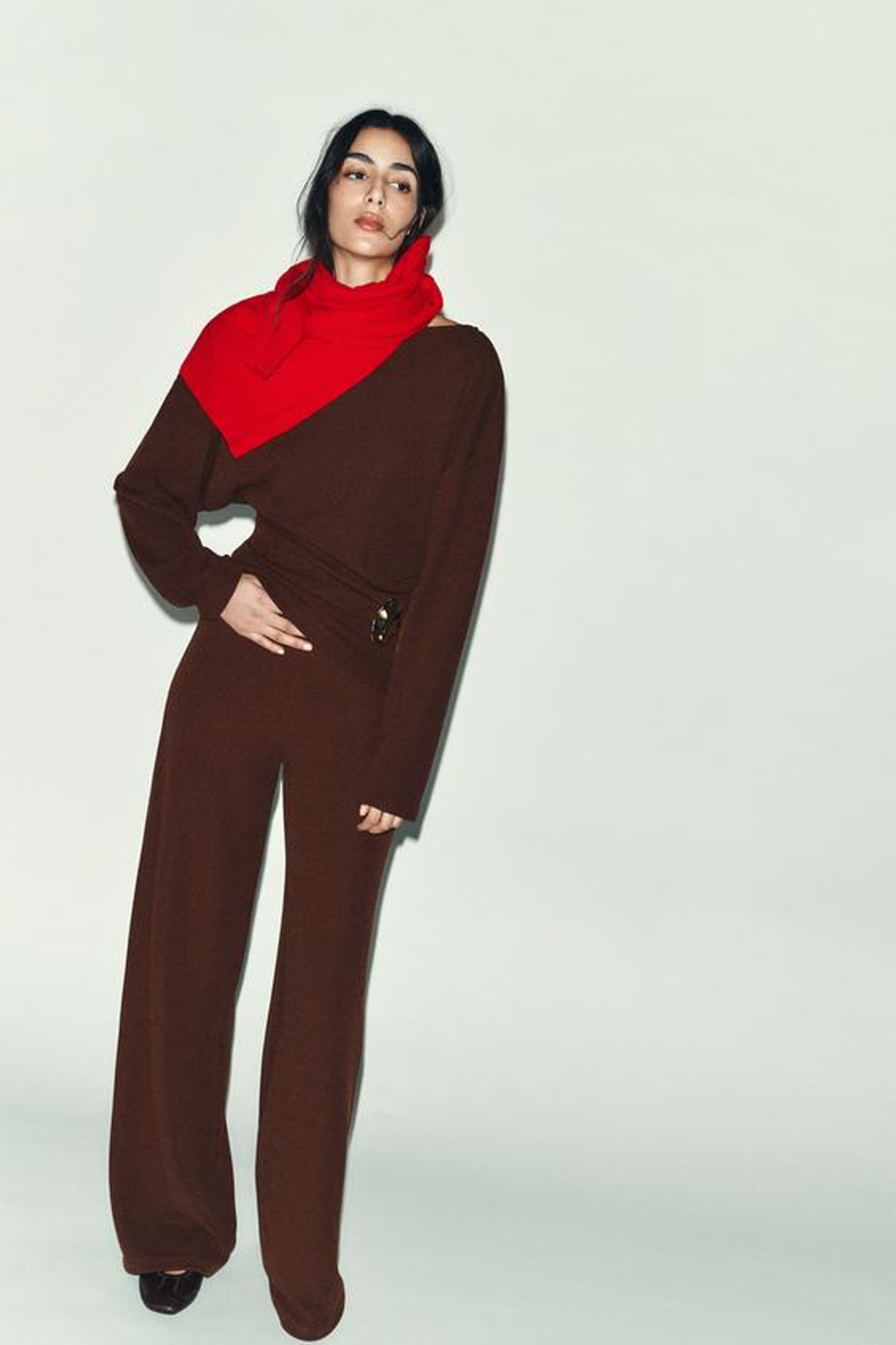 ZARA ШИРОКИЕ ФАКТУРНЫЕ БРЮКИ, КОРИЧНЕВЫЙ