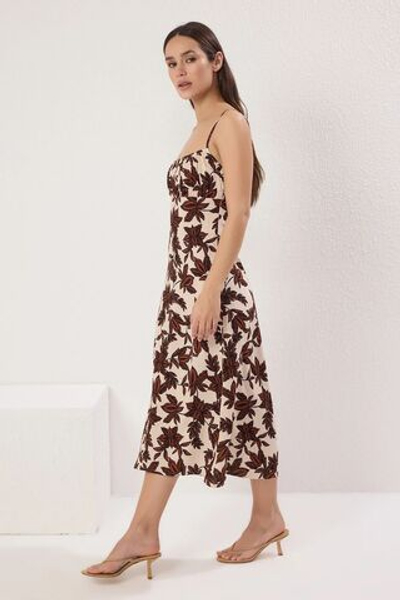Коричневое цветочное платье А-силуэта миди TWOSS25EL00561