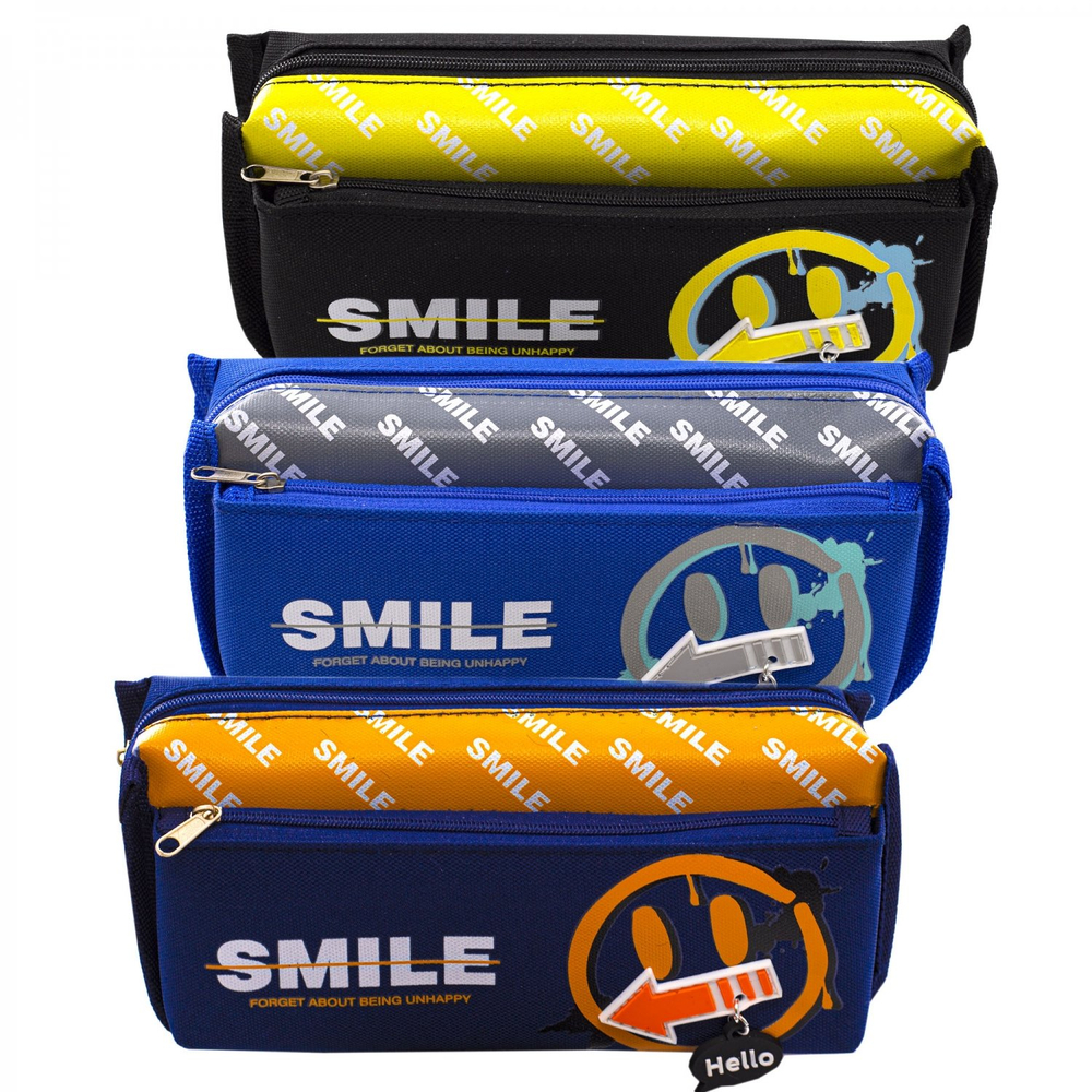 Пенал - косметичка, Alingar, ткань, молния, боковой карман, 90 х 200 мм, "Smile", ассорти (смайлик, надпись SMILE)