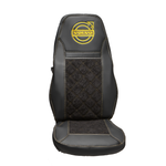 Чехлы VOLVO FH-12 после 2003 года: два высоких сиденья, ремни из сиденья (есть вырезы под ремень) (экокожа, черный, желтая вставка)