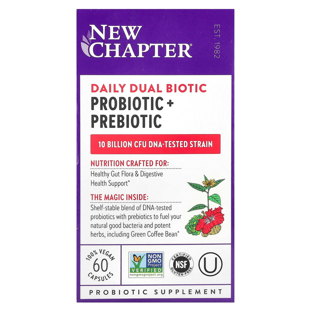 New Chapter, Daily Dual Biotic, пробиотик и пребиотик, 60 веганских капсул