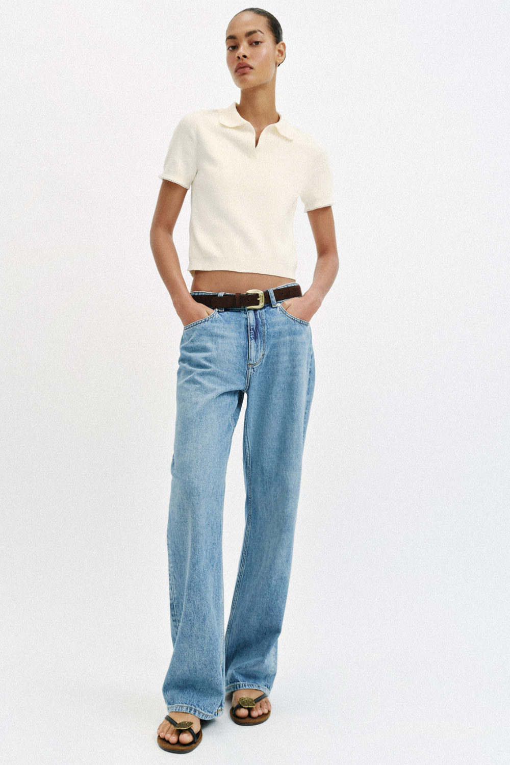 ZARA ПОЛО ИЗ ТРИКОТАЖА С КОНТРАСТНЫМ КРУЖЕВОМ, БЕЛЫЙ