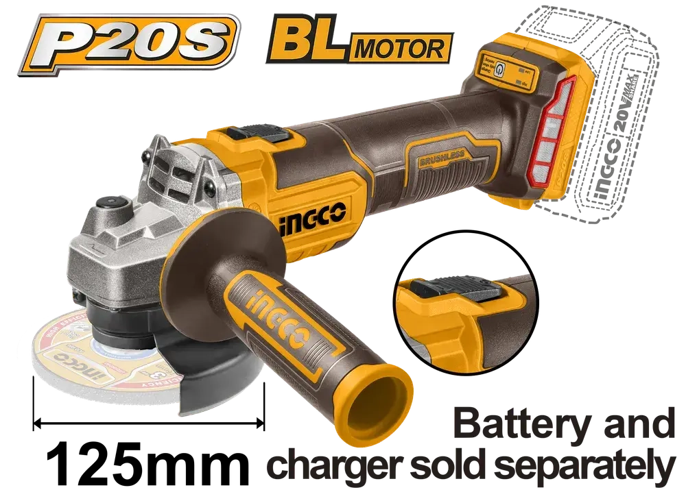 Аккумуляторная болгарка 1200Вт 125 мм INGCO CAGLI221253 INDUSTRIAL / тушка