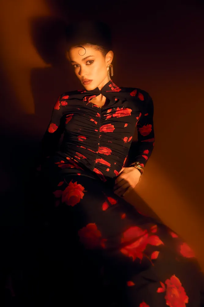 Мадия макси (Madiya maxi), платье с длинными рукавами из молочного бифлекса с цветочным принтом