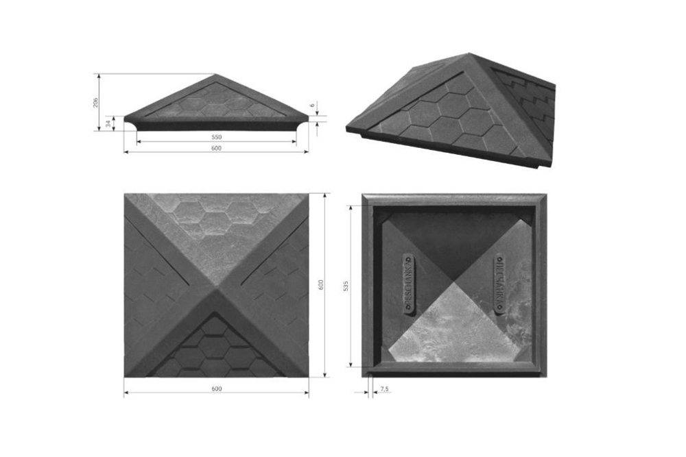 Полимерно-песчаный колпак на заборный столб, 2 × 2 кирпича, 535 × 535 × 43, «Гибкая черепица» (графит)