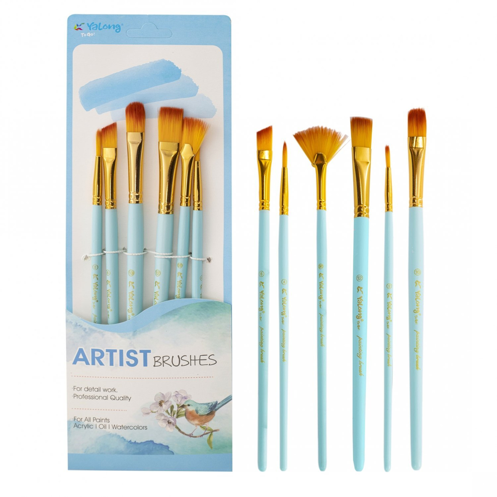 Набор кистей Yalong, 6 шт, нейлон, круглая №2, №4, плоская №6, №10, №12, веерная №8, деревянная ручка, блистер, европодвес