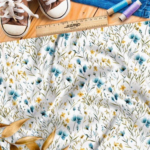 Ткань премиум шелк искусственный Армани мелкие голубые и желтые цветы