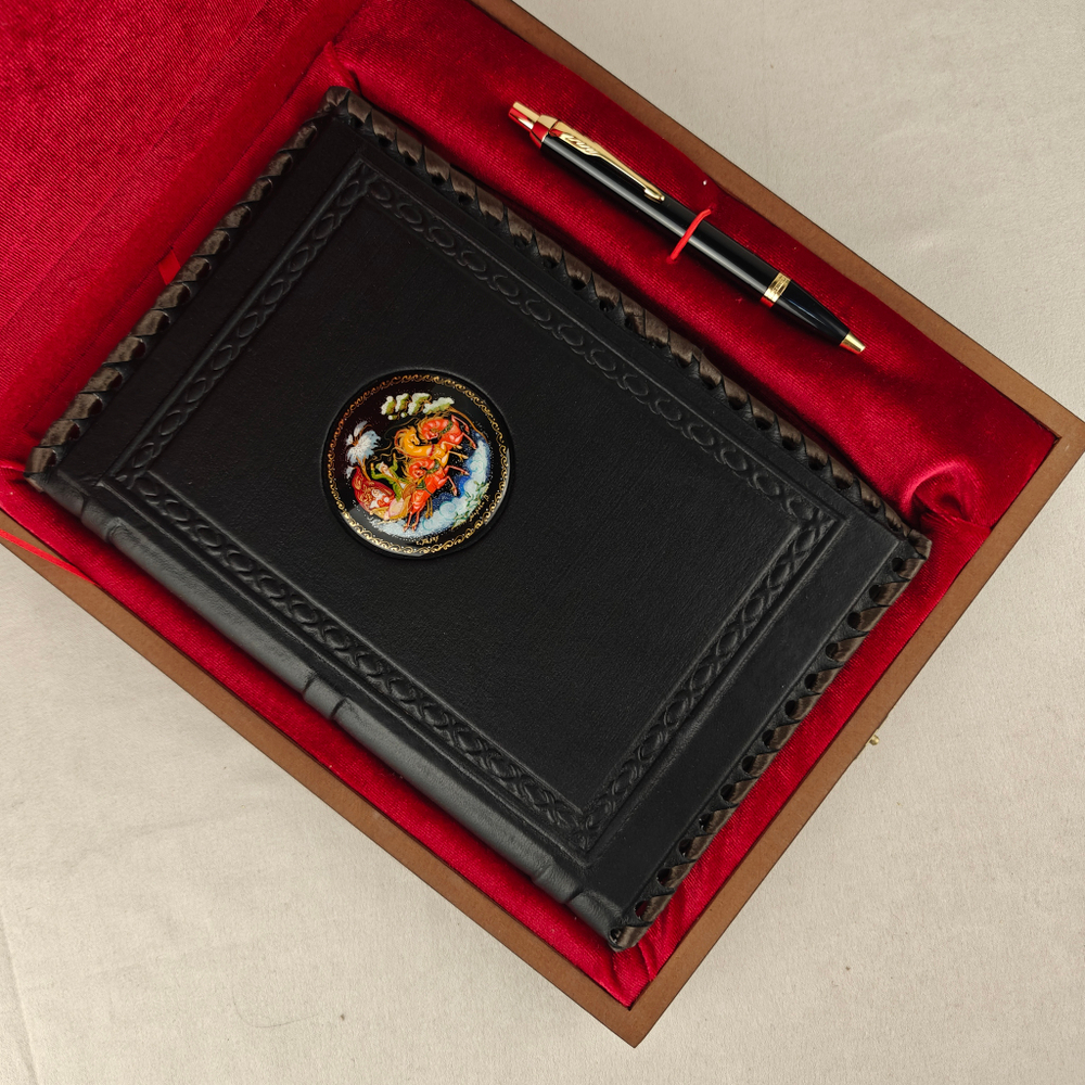 Ежедневник А5 "Русская тройка" (обложка из натуральной кожи) с росписью Палех и ручкой в футляре