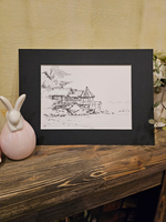 Картина, графика в паспарту 21х30 см на стену для интерьера "Хижины на сваях"