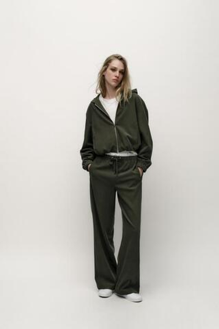 ZARA БРЮКИ WIDE-LEG ИЗ РЕЛЬЕФНОЙ ТКАНИ, ТЕМНЫЙ ХАКИ