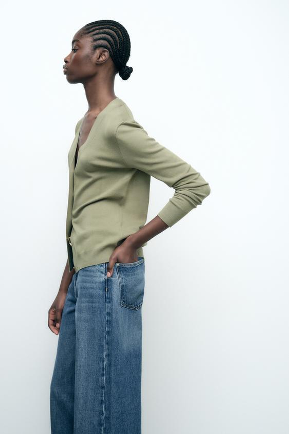 ZARA БАЗОВЫЙ ОДНОТОННЫЙ КАРДИГАН, СВЕТЛЫЙ ХАКИ