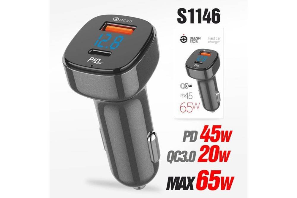 Автомобильный адаптер питания DEESPI ES28 2USB + QC3.0 65W  с инд. вольтметра (черный)