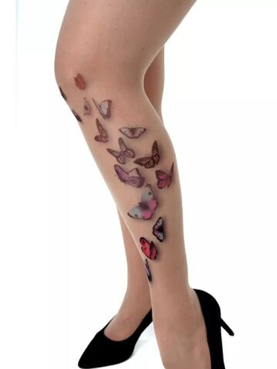 Колготки +size с разноцветными бабочками на левой ножке (Размер: XL-XXL-XXXL) (Цвет: бежевый)