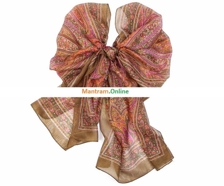 Шарф материал Шелк 100% "Плотный узор" цвет хаки оранжевый розовый желтый на бледно-зеленом с хаки каймой 170x50 см.