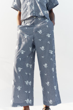 ZARA БРЮКИ-КЮЛОТЫ В КЛЕТКУ С ВЫШИВКОЙ В КОМПЛЕКТЕ, ТЕМНО-СИНИЙ/БЕЛЫЙ