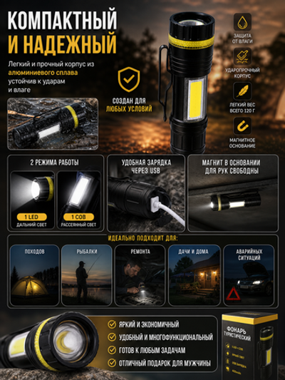 Фонарь ручной 3 режима 1LED+COB Zoom, аккумуляторная батарея 400mAh USB W501