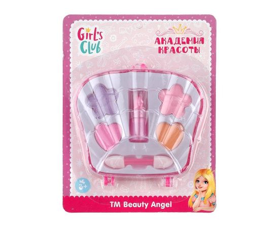 Набор косметики для девочки "Girl's Club" в наборе: тени - 3 цвета: розовый, фиолетовый, оранжевый; губная помада - 1 цвет: розовый.