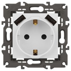 Розетка ЭРА Elegance 14-4109-01 2P+E 16A-250В со шторками с 2xUSB 5В-3А белый | Эра Elegance