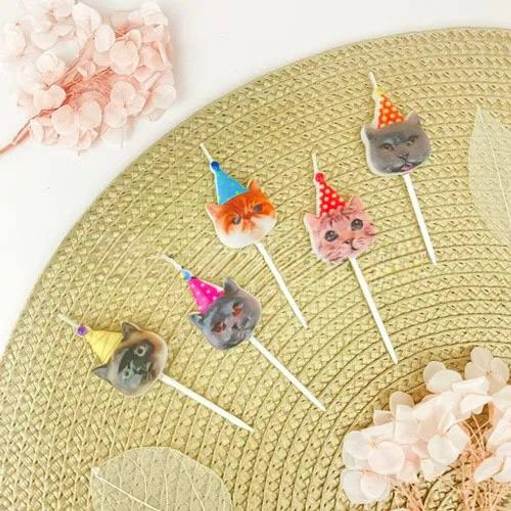 Свечи-фотографичные на пиках «Котики», объёмные фигурки 5 шт