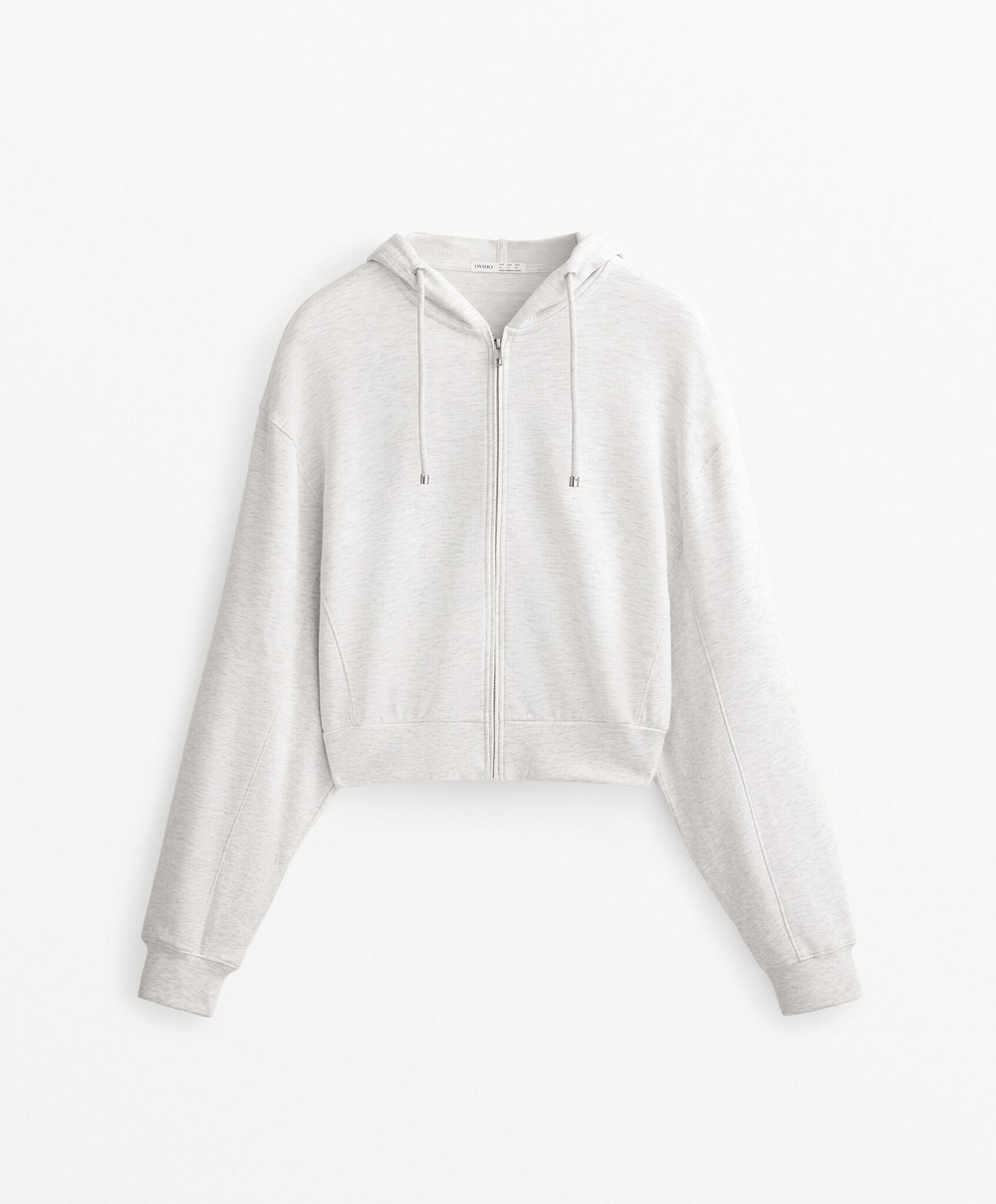 Oysho Толстовка укороченная с капюшоном и отделкой в ​​рубчик из хлопка и модала, бледно-серый меланж
