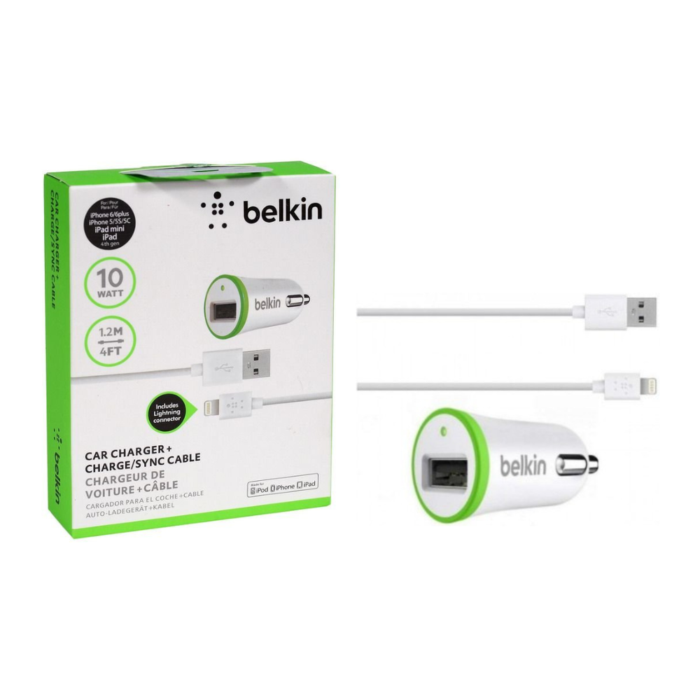 Автомобильное зарядное устройство Belkin 1xUSB, 2.1А + USB кабель Lightning, 1.2м, белый