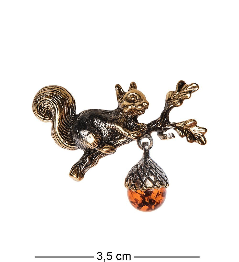 AM-2551 Брошь «Белочка на веточке» (латунь, янтарь)