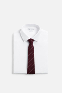 ZARA ГАЛСТУК ИЗ ХЛОПКА И ШЕЛКА В ПОЛОСКУ, ГРАНАТОВЫЙ