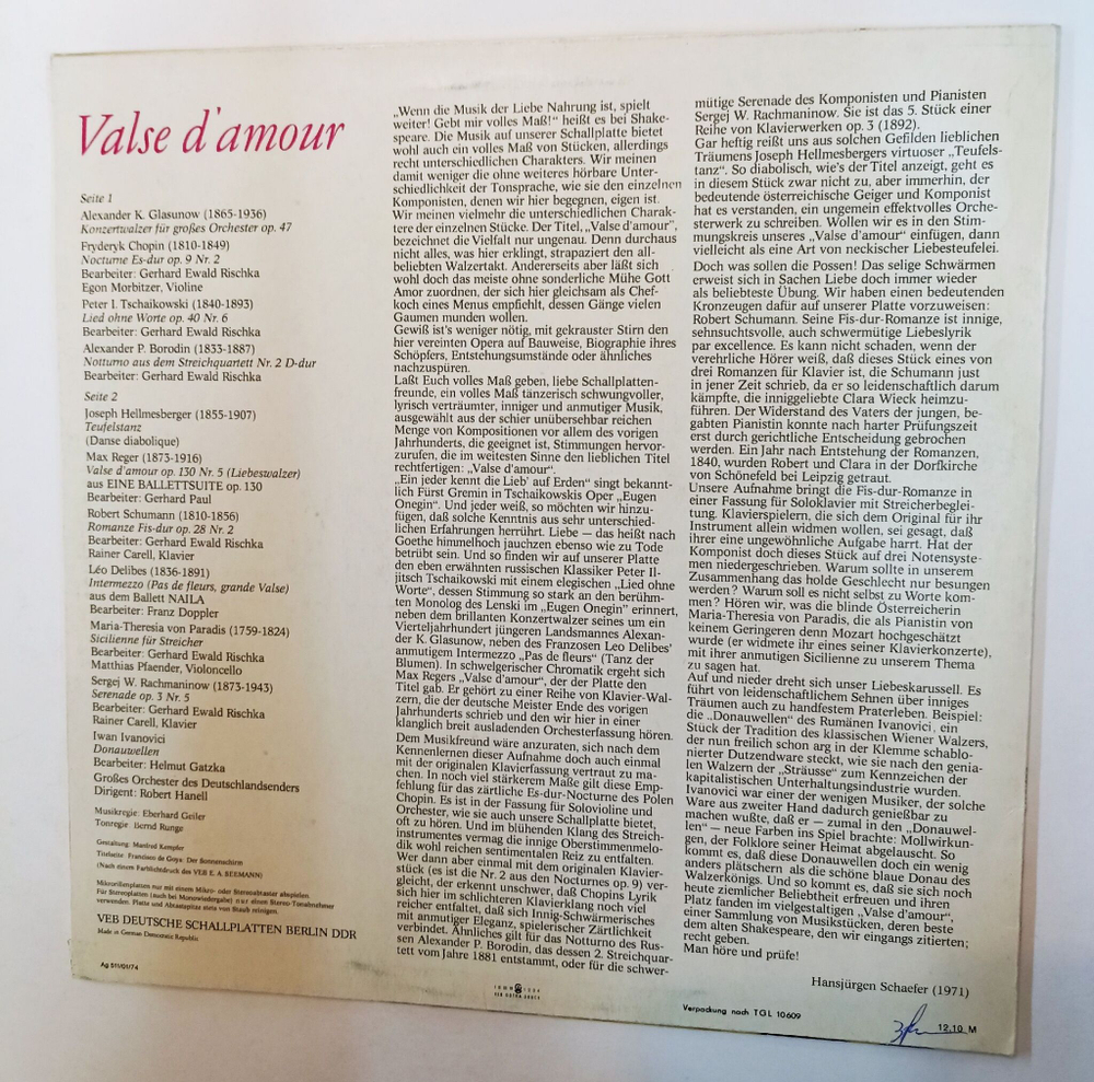 Винтажная виниловая пластинка LP Сборник Классической Музыки Grobes Orchester Des Deutschlandsenders Valse D Amour (GDR 1971)