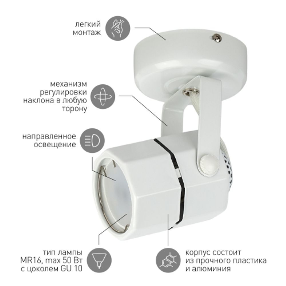 Светильник настенно-потолочный спот ЭРА OL2 GU10 WH под лампу MR16 GU10 белый