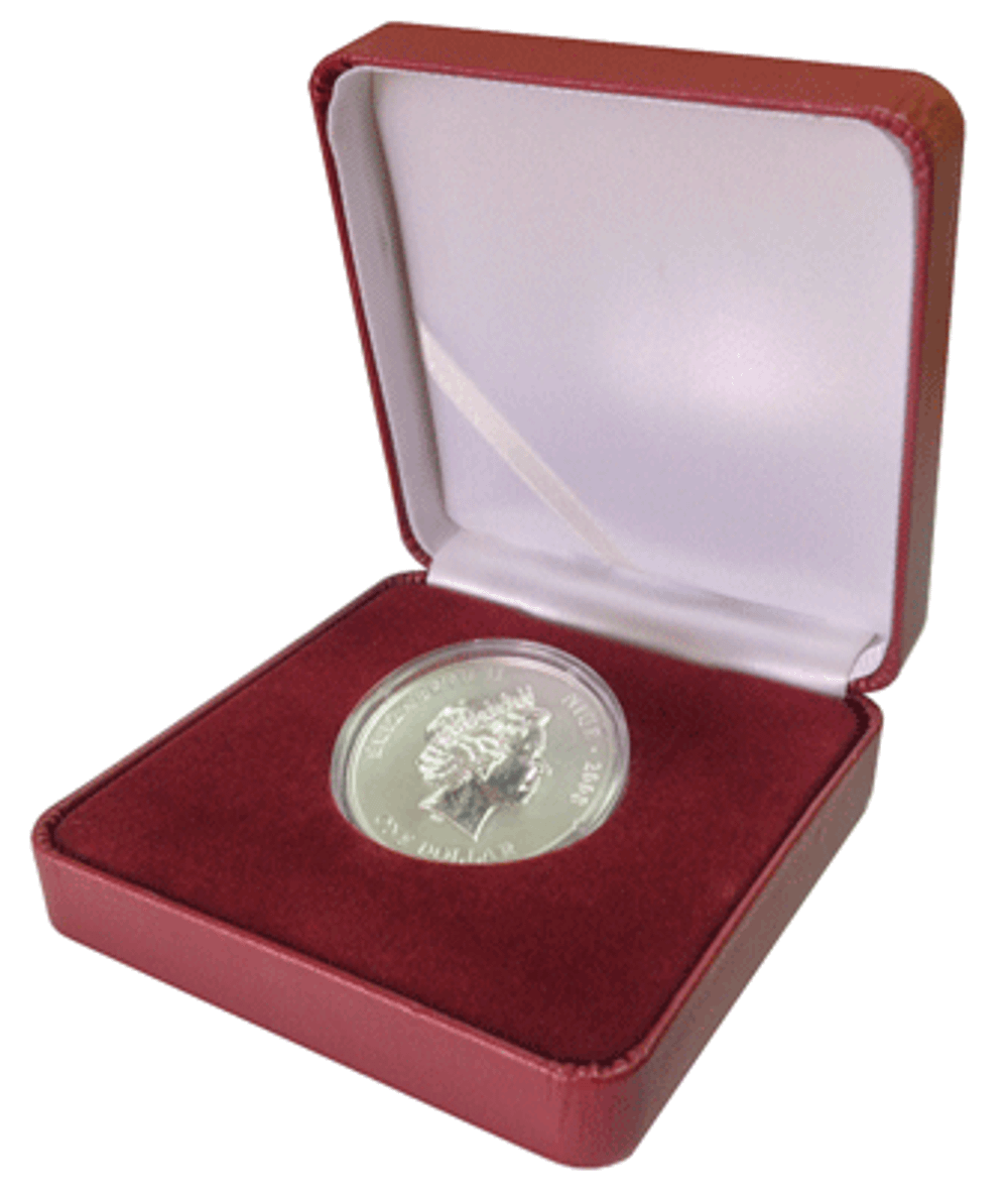 Металлический футляр с обтяжкой кожей под монету и значок.