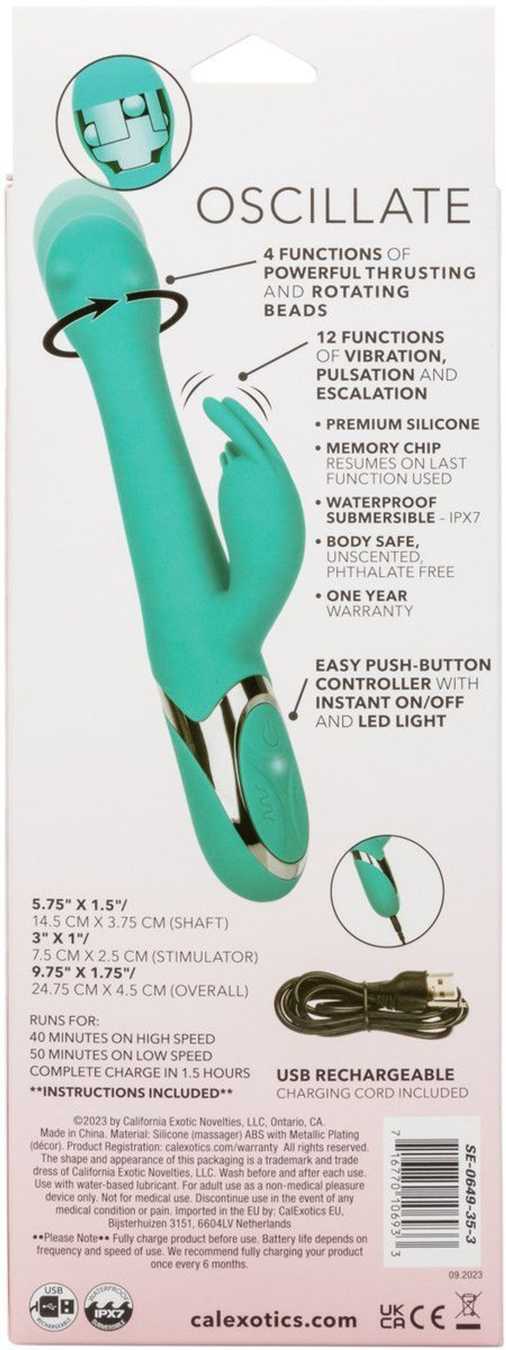 Бирюзовый вибратор-кролик Enchanted Oscillate с функцией пенетрации и вращением бусин (Цвет: голубой)