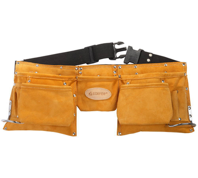 STAYER кожаный, 2 скобы, пояс для инструментов с 11 карманами, Professional (38520)