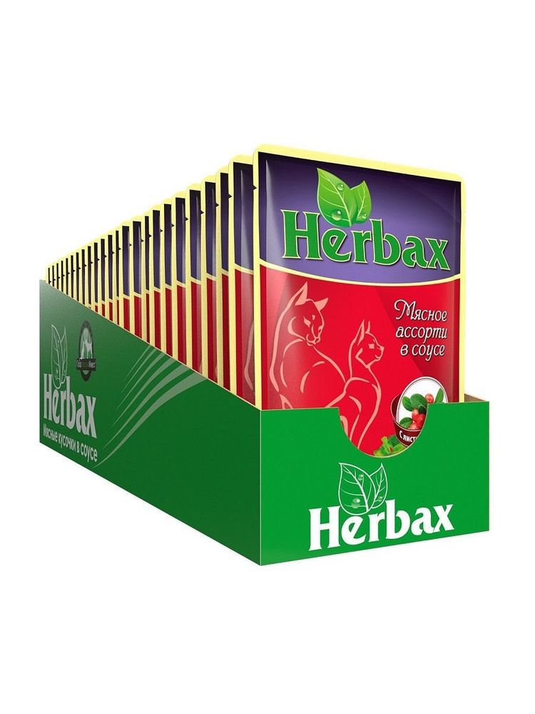 Влажный кром Herbax для взрослых кошек, мясное ассорти в соусе с листьями брусники, 24 шт x 100 г