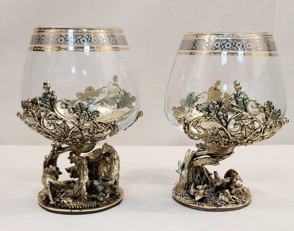 Набор из 2-х бокалов для коньяка "Охота на вепря и Охота на глухаря" (подарочный футляр)