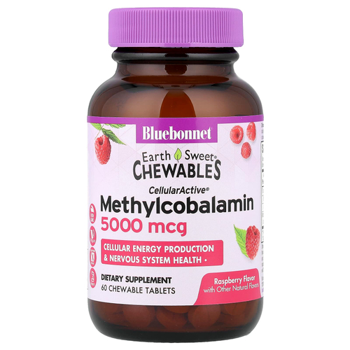 Bluebonnet Nutrition, EarthSweet, жевательные таблетки CellularActive, метилкобаламин, малиновый вкус, 5000 мкг, 60 жевательных таблеток