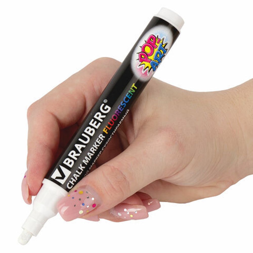 Маркер меловой "POP-ART" БЕЛЫЙ, 5 мм, сухостираемый, для гладких поверхностей, BRAUBERG, 151527