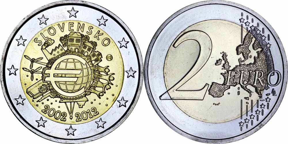 Словакия 2 евро, 2012 10 лет наличным UNC