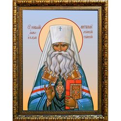 Николай (Могилевский) исповедник, митрополит Алма-Атинский. Икона на холсте. В раме 30 х 40 см.