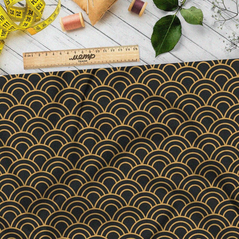 Ткань мембрана золотые волны на чёрном