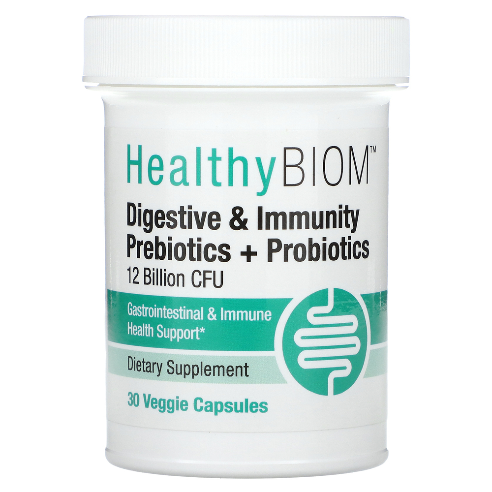 HealthyBiom, пребиотики и пробиотики для пищеварительной и иммунной систем, 12 млрд КОЕ, 30 растительных капсул