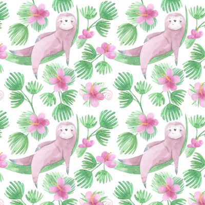 Милые ленивцы на ветвях. Тропические растения. Листья пальмы, розовые цветы