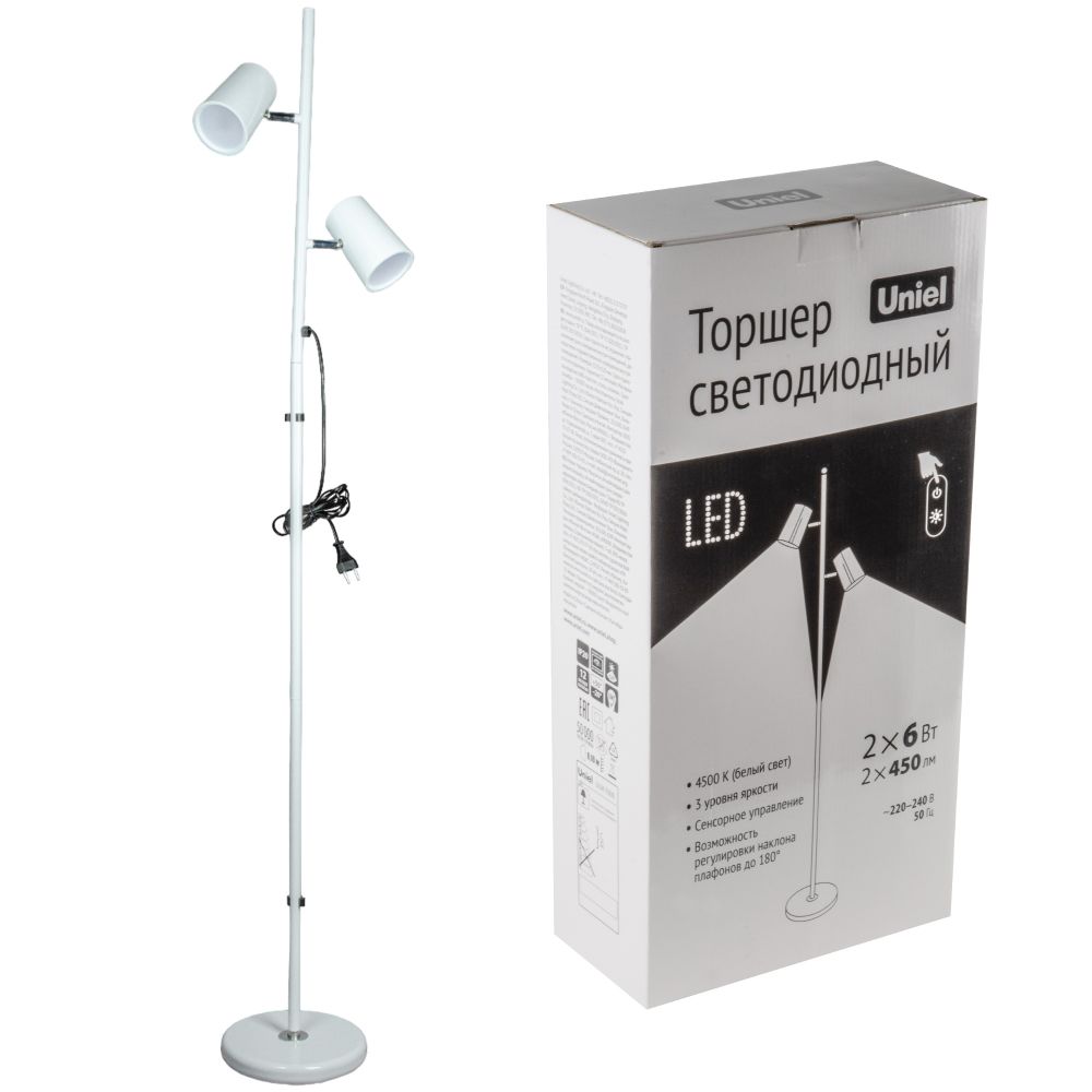 ULM-T600 2х6W-4500K-DIM WHITE Торшер напольный светодиодный. 2х6W. Сенсорный выключатель. Диммер. Белый. ТМ Uniel