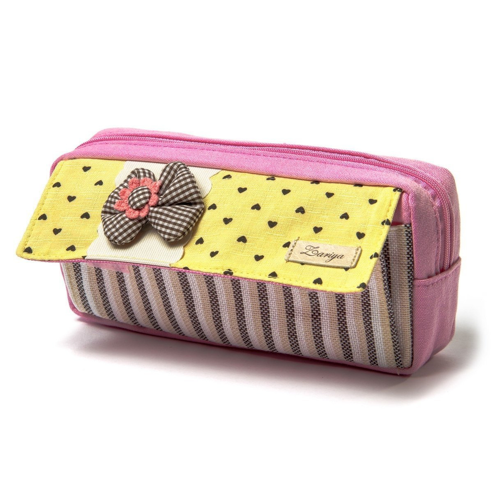 Пенал - косметичка Alingar, ткань, молния, боковой карман, 90 х 200 мм, "Бантик с сердечками", полоски, микс (розовый, бирюзовый),