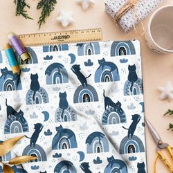 Ткань флис синие кошки скачут по холмам