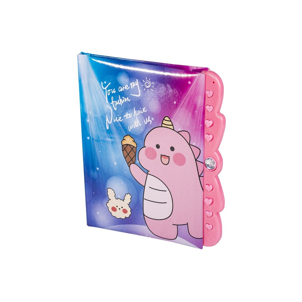 Блокнот 11,0 см * 15,0 см , 7БЦ, Alingar, мат. ламинация, поролон, код. замочек, 50л., линия, "Милый динозаврик", сиреневый