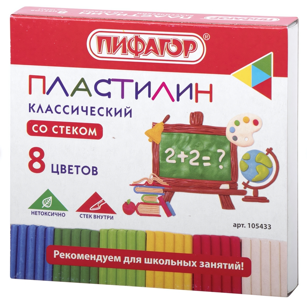 Пластилин классический 8цв. 120г. "Школьный" со стеком (ПИФАГОР)