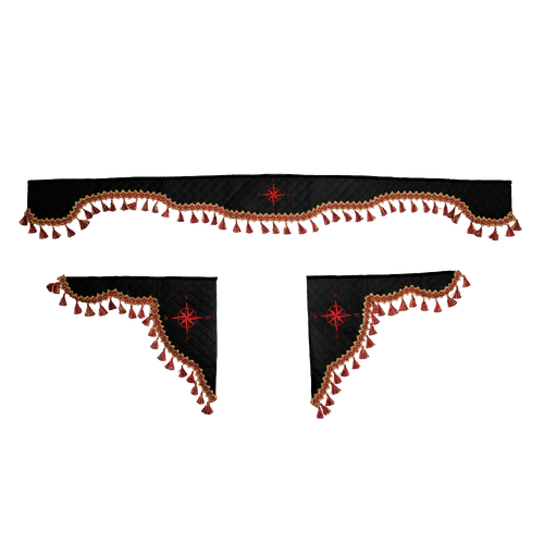 Ламбрекен с косынками универсальные стеганые Роза Ветров (экокожа, черный, красные кисточки)
