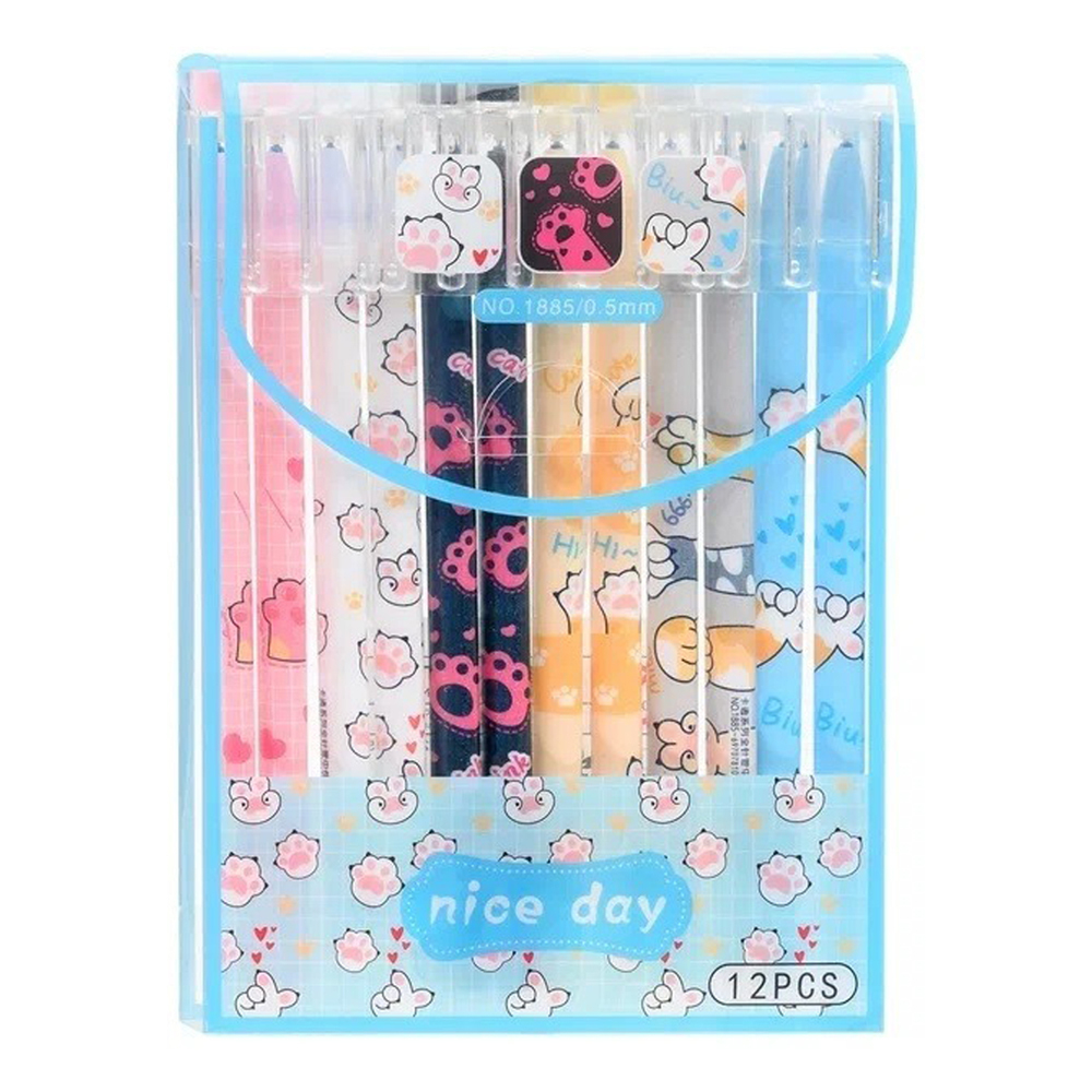 Набор ручек пиши-стирай 12 штук, с рисунком котиков, MC-Basir, Красивые гелевые ручки со стираемыми синими чернилами, специальный ластик на конце, для школы и учебы