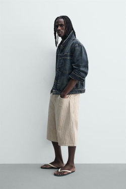 ZARA ШОРТЫ-ДЖОРТСЫ RELAXED FIT В ПОЛОСКУ, ЭКРЮ