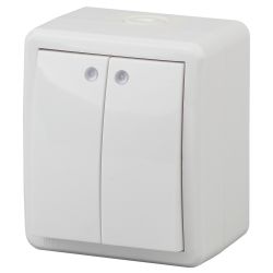 11-1405-01 ЭРА Выключатель двойной с подсветкой IP54, 10АХ-250В, ОУ, Эра Эксперт, белый
